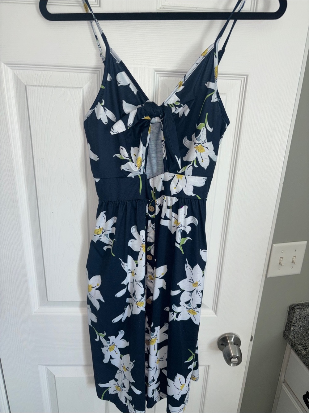 Navy Floral Tie-Front Midi Dress